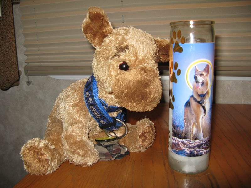 Prayer candle memorial for three legged cancer dog