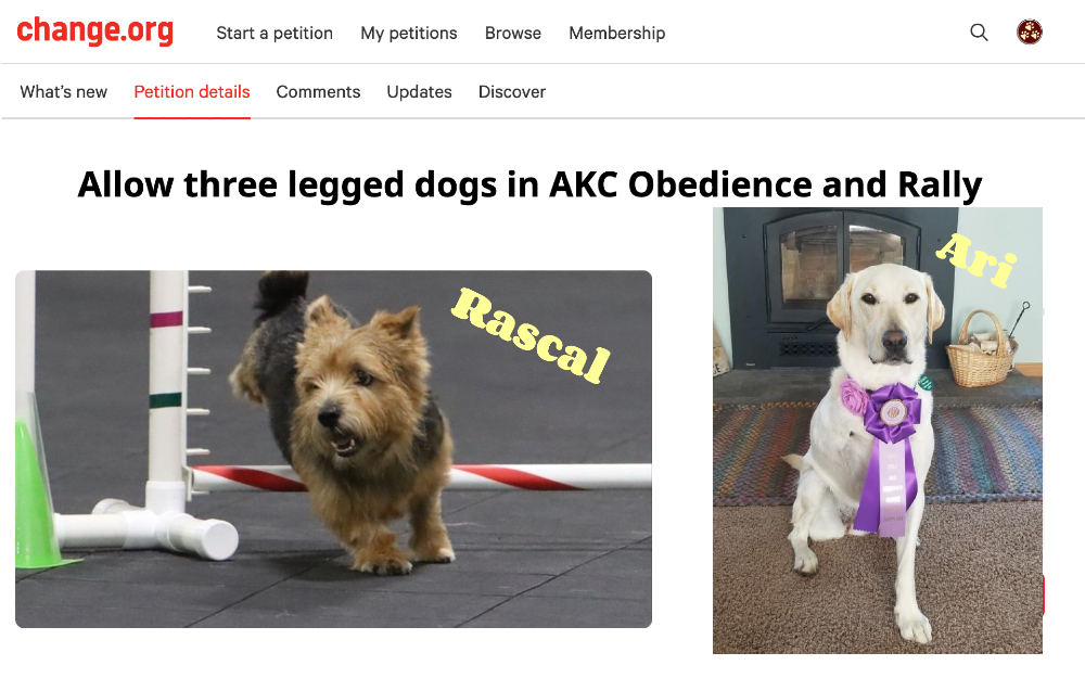 allow Tripawds to compete in akc rally and obedience