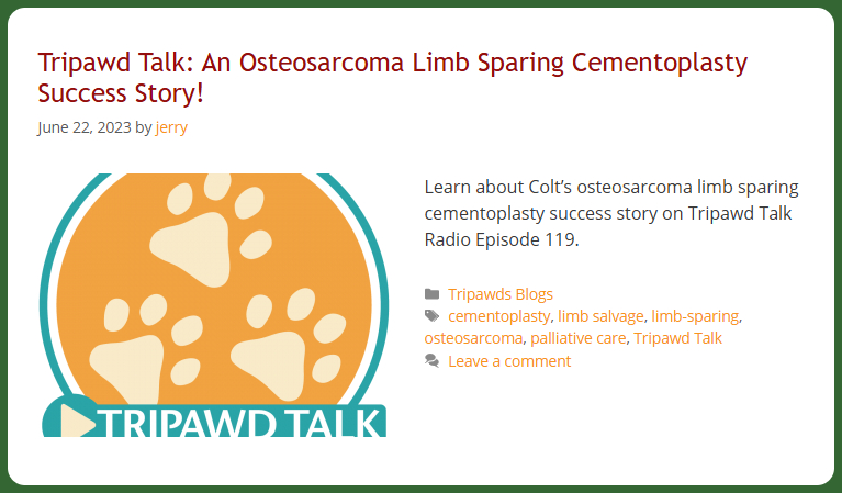 Tripawd Talk Radio Podcast about Cementoplasty Amputation Alternative