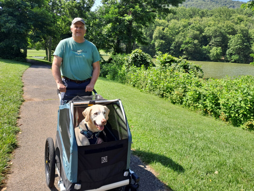 Tripawd Jack and Dad taking a stroll in the stroller