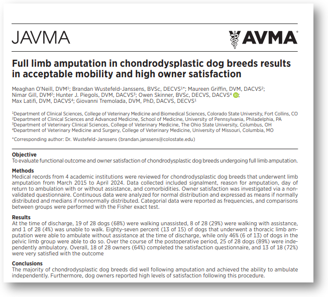 Click for JAVMA study about chondrodysplastic amputee dogs.