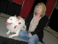 Zoe from Wishcuit on stage at Pet Expo Long Beach, CA